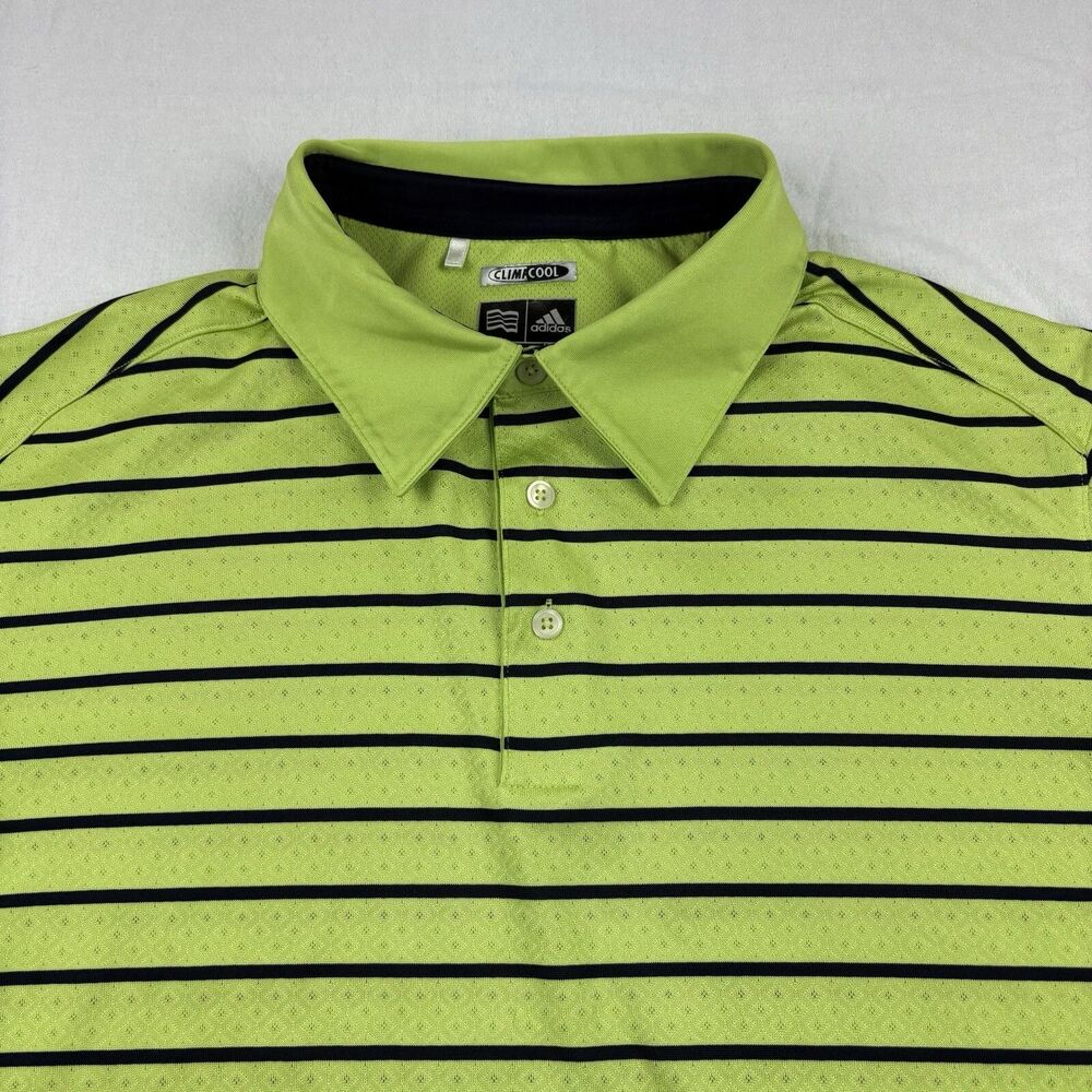 Adidas Climacool Golf Polo Shirt Mens L Bright Green Yellow Striped Short Sleeve